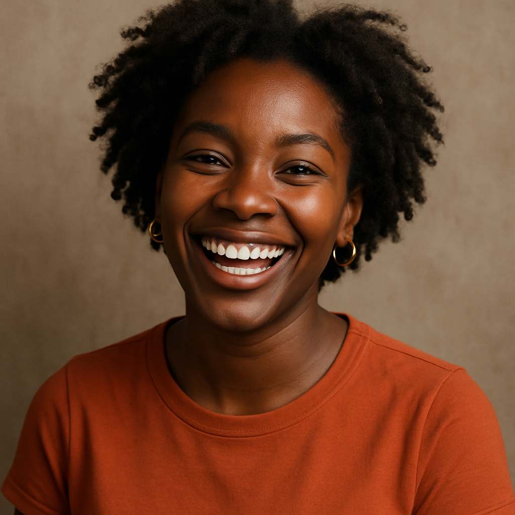 portret donker getinte vrouw vrolijk