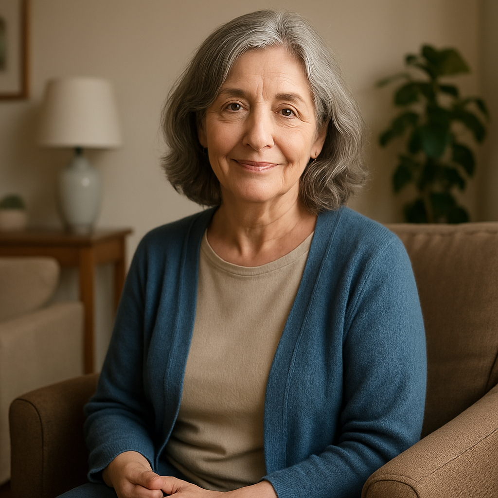 portret iets afstand zittend op stoel in woonkamer vrouw van 60 jaar lichte glimlach