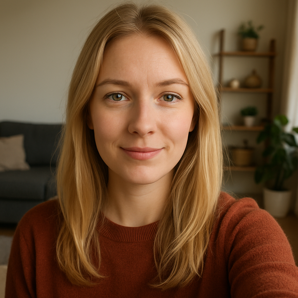 portret van blonde vrouw selfie style in woonkamer positief maar niet breed lachend-1